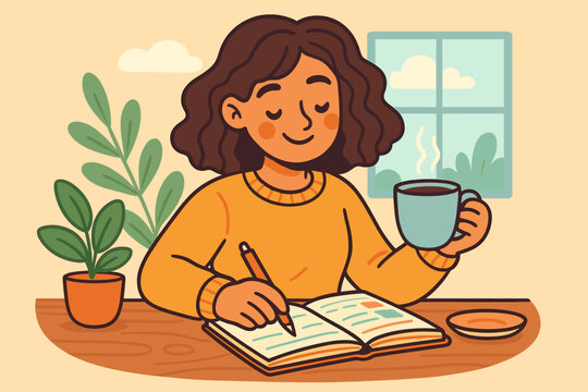 Happy woman with coffee journaling morning routine at home. Cozy workspace with planner, writing, self care, positive mindset, relaxing lifestyle. Cartoon illustration, window and plants, mindfulness