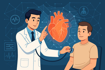 Cardiologist Examining Patient with Digital Heart Illustration, Stethoscope Check Up, Cardiology Consultation, Healthcare Technology, Heart Disease Diagnosis, Medical Innovation Concept