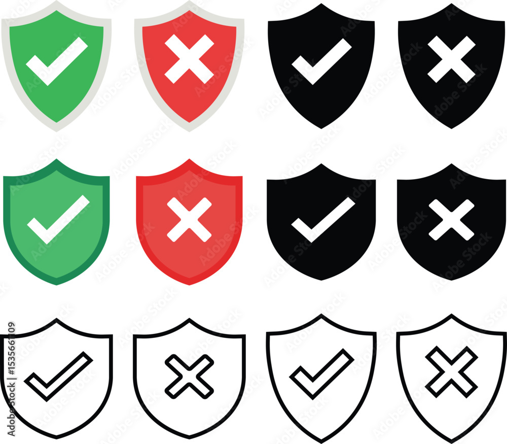 Poster shield icons featuring check marks and crosses representing approval and rejection in various styles