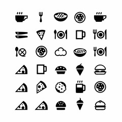 Design a set of appealing restaurant menu icons, including food, drinks, and cutlery symbols, in a clean, modern style suitable for digital use.