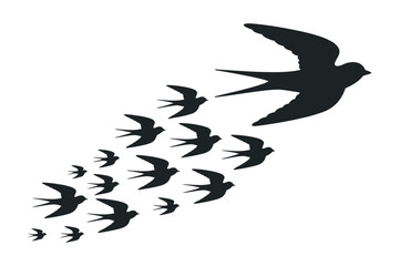 Swallow Birds Flying Together Silhouette Vector Illustration Flock of Birds Freedom Concept Tattoo Design Minimalist Style Isolated on White Background