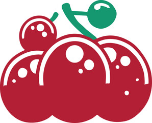 Simple graphic illustration of fresh red cherries with green stems and leaves