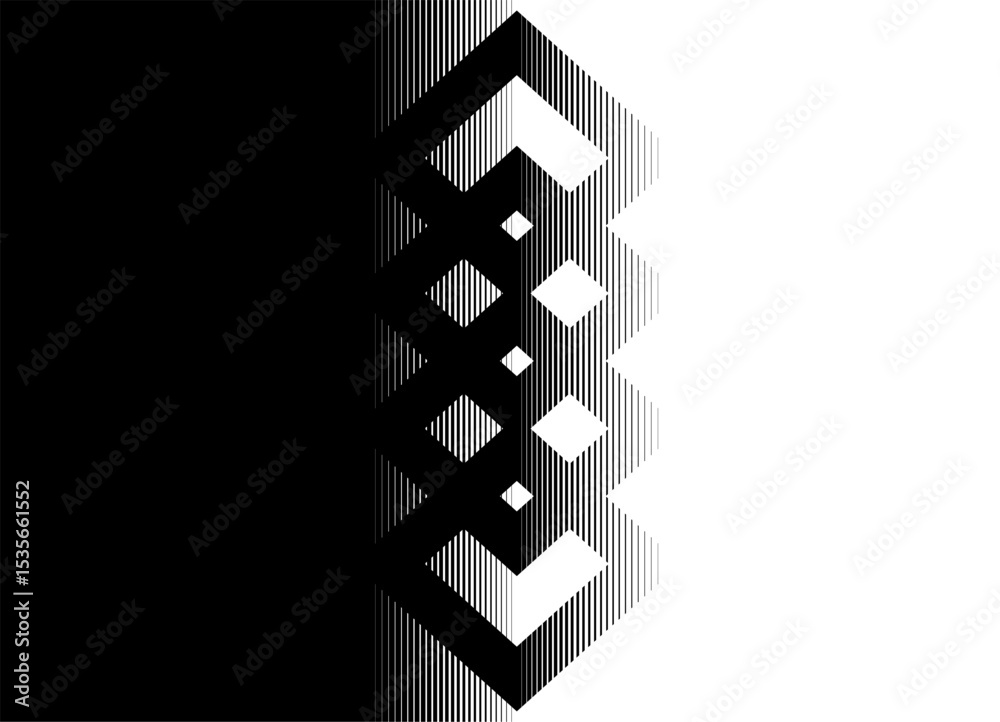 Poster vector vertical transition from black to white with abstract striped rhombuses from thin lines. mode