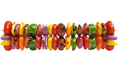 A delicious summer plate of grilled kebabs skewered with vibrant colorful vegetables perfect for outdoor dining isolated on transparent background PNG
