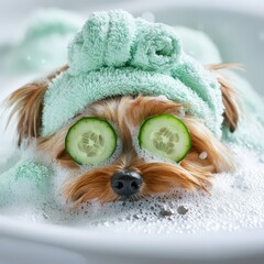 A small Yorkshire terrier relaxes in a bubbly bathtub sporting cucumber slices over its eyes and a soft towel wrapped around its head