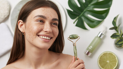 Smiling woman holding a jade roller with skincare products and tropical leaf on white background