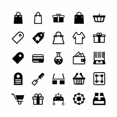 Design a comprehensive icon pack depicting various store and retail elements, including shopping bags, carts, tags, payment methods, and storefront symbols.