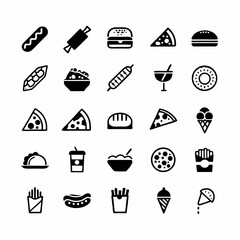 Design a vibrant icon pack depicting diverse global street food, including tacos, ramen, kebabs, and more;  ensure each icon is easily recognizable and visually appealing.