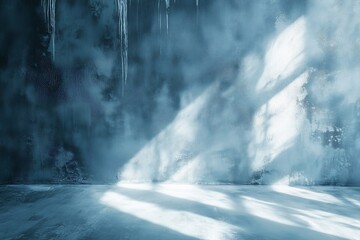 Minimalist cold concrete room with frosty texture and light shadows on floor background