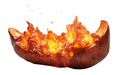 A surreal transformation of a sweet potato morphing into a glowing molten substance with vibrant energy isolated on transparent background PNG