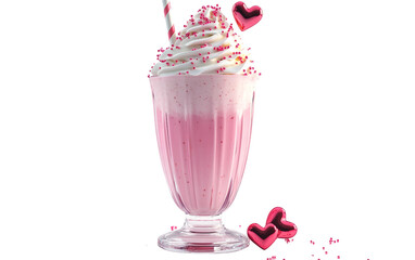 Creamy pink milkshake prepared for Valentine's Day with rich whipped topping and decorative charm isolated on transparent background PNG