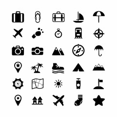 Fototapeta premium Create a set of vibrant, detailed vector icons depicting diverse travel activities, including flights, sightseeing, hiking, and relaxation.
