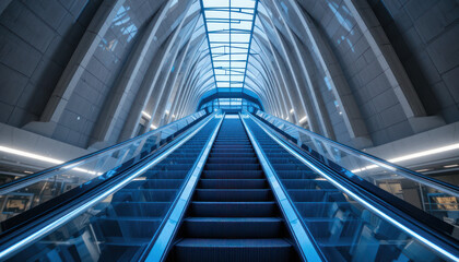 Obraz premium Modern Escalator in a Contemporary Blue Lit Architectural Interior with Geometric Lines 