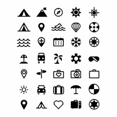 Design a set of travel itinerary icons depicting vacation activities, including flight, hotel, map, suitcase, camera, sun, beach, etc.  Modern, flat design style.