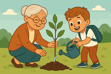 Happy grandmother and grandson planting a tree together. Cute cartoon illustration of family gardening. Concept for environmental conservation, growth, Earth Day, education.