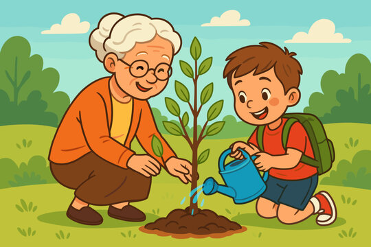 Senior woman and her grandson planting a young tree. Family bonding activity in the garden. Vector concept for ecology, Earth Day, Arbor Day, nature, education and teamwork. - Powered by Adobe