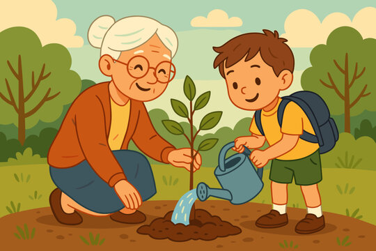 Grandmother and grandson planting a tree together. Cute cartoon illustration of family activity for environmental education, conservation, and growth. Earth Day concept vector.