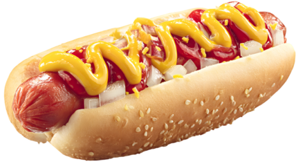 Appetizing hot dog with mustard ketchup and onions on a sesame seed bun classic american food isolated on isolated on white transparent background