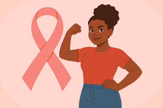 Breast cancer awareness month concept. Strong African American woman flexing bicep muscle. Pink ribbon symbol of hope and support. Fight for women's health and empowerment vector.