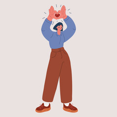 Cartoon vector illustration of a woman making a heart shape with her hands, symbolizing love, care, and kindness