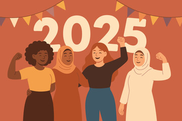 Empowered diverse women celebrate unity and strength for 2025. Multicultural group of female friends. Girl power, feminism, sisterhood, and equality vector banner concept.
