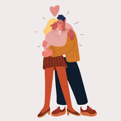 Cartoon vector illustration of a couple hugging and kissing, symbolizing love, romance, and affection