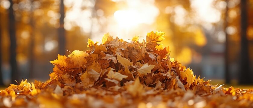 Autumn scene with a pile of colorful fallen leaves on the ground du sunset in a park