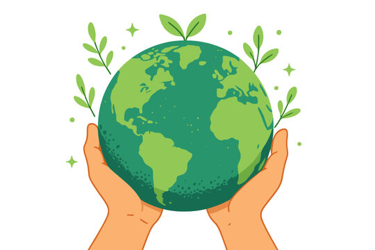 Caring hands holding green planet Earth with leaves. Environmental protection concept. World Earth Day. Ecology, nature conservation, save the planet, sustainability vector illustration.