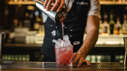 A bartender pouring a pink cocktail from a shaker into a glass filled with ice at a bar counter