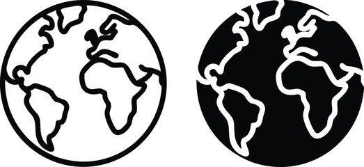 Minimalist Line Art Globe Icon with Simple World Map in Monochrome Vector Style