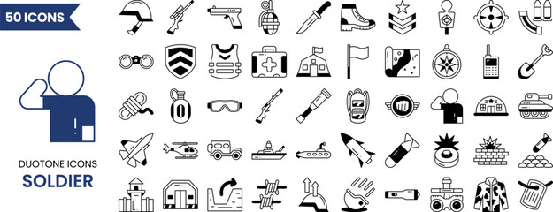 Soldier icon set in duotone style. Vector illustration