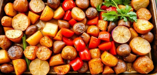 Assorted roasted vegetables and potatoes on a tray,  cuisine,  oven-baked