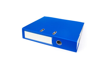 Blue office ring binder for documents and folders, office organization, empty label isolated on white background