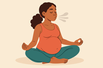 Pregnant woman practicing prenatal yoga meditation, sitting cross-legged in lotus pose, deep breathing relaxation exercise, mindfulness, maternity health and wellness, self care, vector illustration