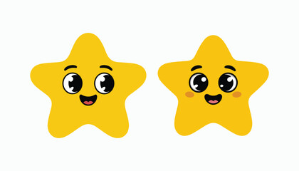 Cute Smiling Star Characters with Big Eyes Kawaii Style Vector Illustration.