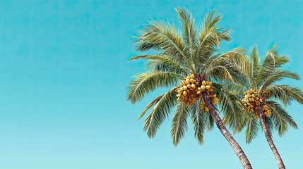 Tropical coconut palm trees with ripe coconuts under clear blue sky in summer beach vacation background