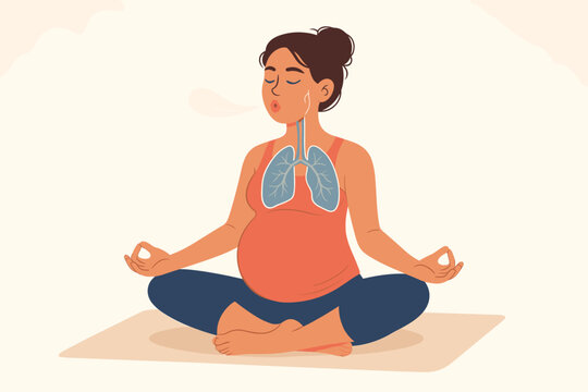 Pregnant Woman Practicing Mindful Breathing Meditation, Cross-Legged Yoga Pose, Illustration of Deep Breathing, Prenatal Relaxation, Lungs Anatomy, Calm Health Wellness Concept