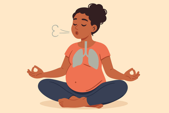 Pregnant woman practicing prenatal yoga meditation breathing exercise, mindfulness relaxation, deep breathing lungs anatomy, healthy pregnancy, calm expectant mother, stress relief illustration