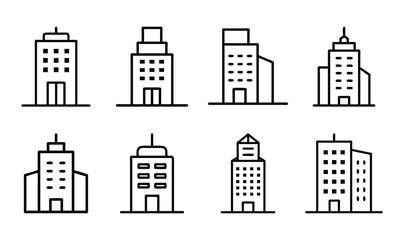 Fototapeta premium Set of Minimalist Bank Building Icons in Silhouette Style – Classic Pillar Architecture with Triangular Roof Representing Financial Institutions, Government, or Law on White Background
