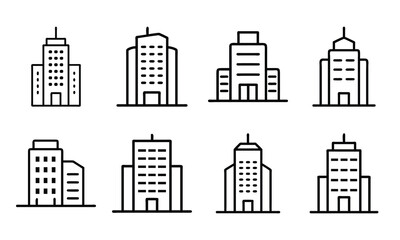 Fototapeta premium Set of Minimalist Bank Building Icons in Silhouette Style – Classic Pillar Architecture with Triangular Roof Representing Financial Institutions, Government, or Law on White Background