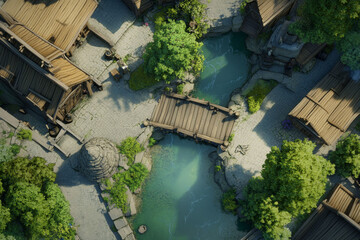 Tactical top-down map of a rural riverside settlement with wooden structures, a stone crossing, and a mill.