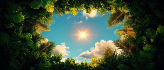 Lush tropical jungle canopy sunlit sky with bright sun and clear scattered clouds in vibrant lush greenery