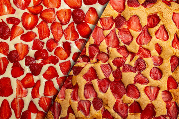 Cooked and raw sponge cake with strawberry slices, before and after baking process, abstract...