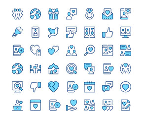 Online dating icons. Vector line icon set. Modern outline design. Blue concept