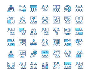 Teamwork icons. Vector line icon set. Modern outline design. Blue concept