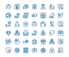 Charity icons. Vector line icon set. Modern outline design. Blue concept