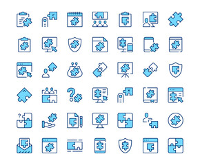 Puzzle icons. Vector line icon set. Modern outline design. Blue concept