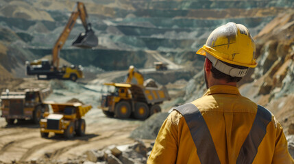 Mining worker's back, yellow helmet, facing bulldozer in open-pit mine scene.