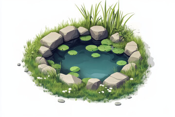 3D cartoon pond icon, isometric with stones, grass, white background, green Japan zen vibe.