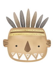 Tribal Mask Illustration with Feathers and Geometric Patterns on a White Background
